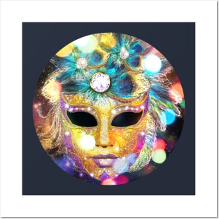 Golden Carnival Mask with peacock feathers Posters and Art